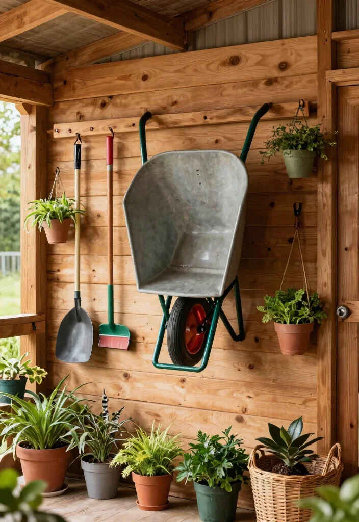 7 Smart Wheelbarrow Storage Ideas to Keep Your Shed Tidy 1. Vertical Wall Racks for Wheelbarrows 0