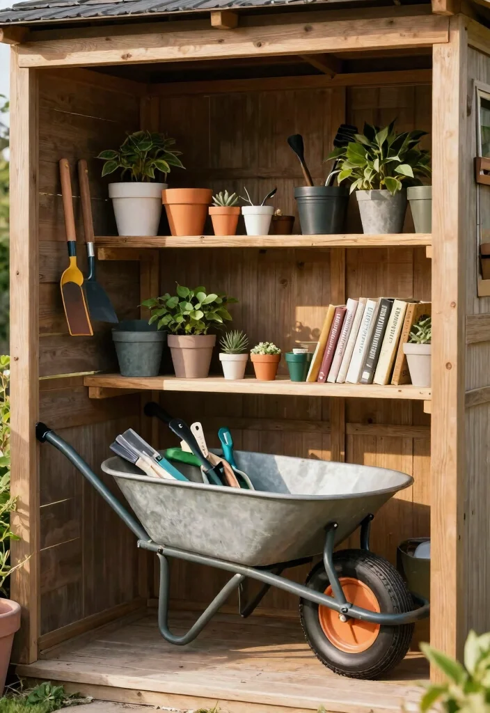 7 Smart Wheelbarrow Storage Ideas to Keep Your Shed Tidy 4. Wheelbarrow Shelving Combo 0
