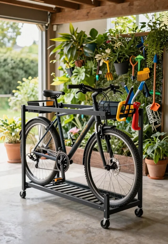7 Space Saving Garage Bike Storage Ideas Ceiling Mounts 6. Combination Bike and Garden Tool Storage 0