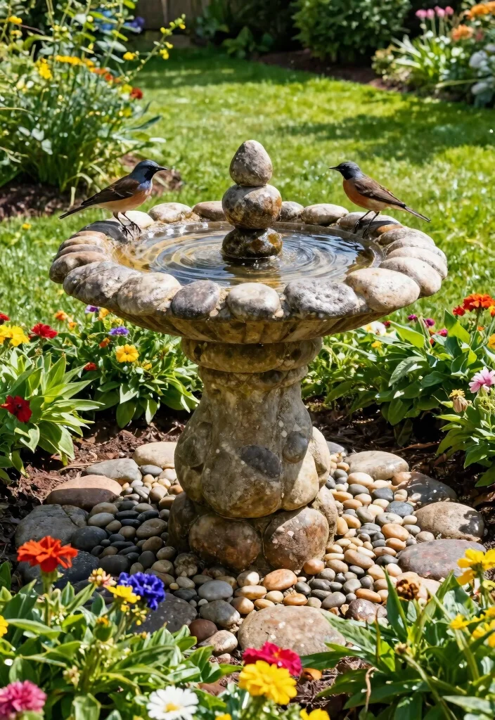 7 Sturdy Bird Bath Base Ideas for DIY Garden Projects 2. Stone and Pebble Foundation 0