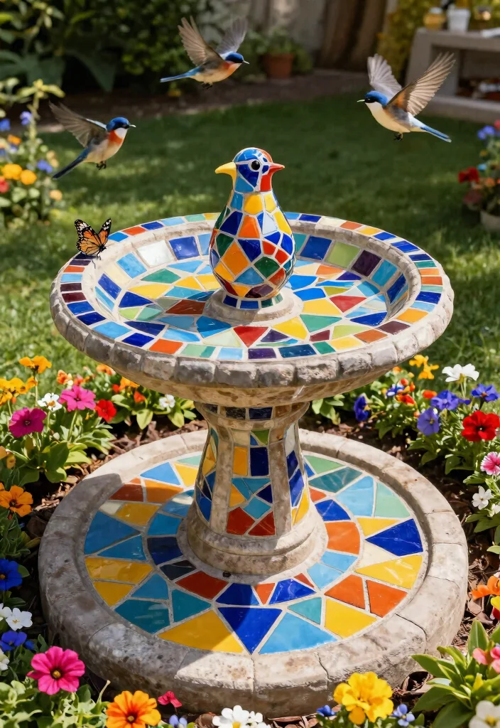 9 Artistic Mosaic Bird Bath Ideas to Brighten Your Yard 2. Colorful Tile Mosaic Bird Bath 0