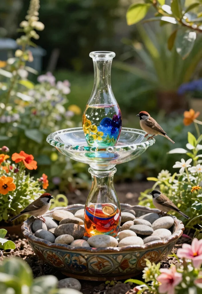9 Artistic Mosaic Bird Bath Ideas to Brighten Your Yard 3. Repurposed Glass Bottle Bird Bath 0
