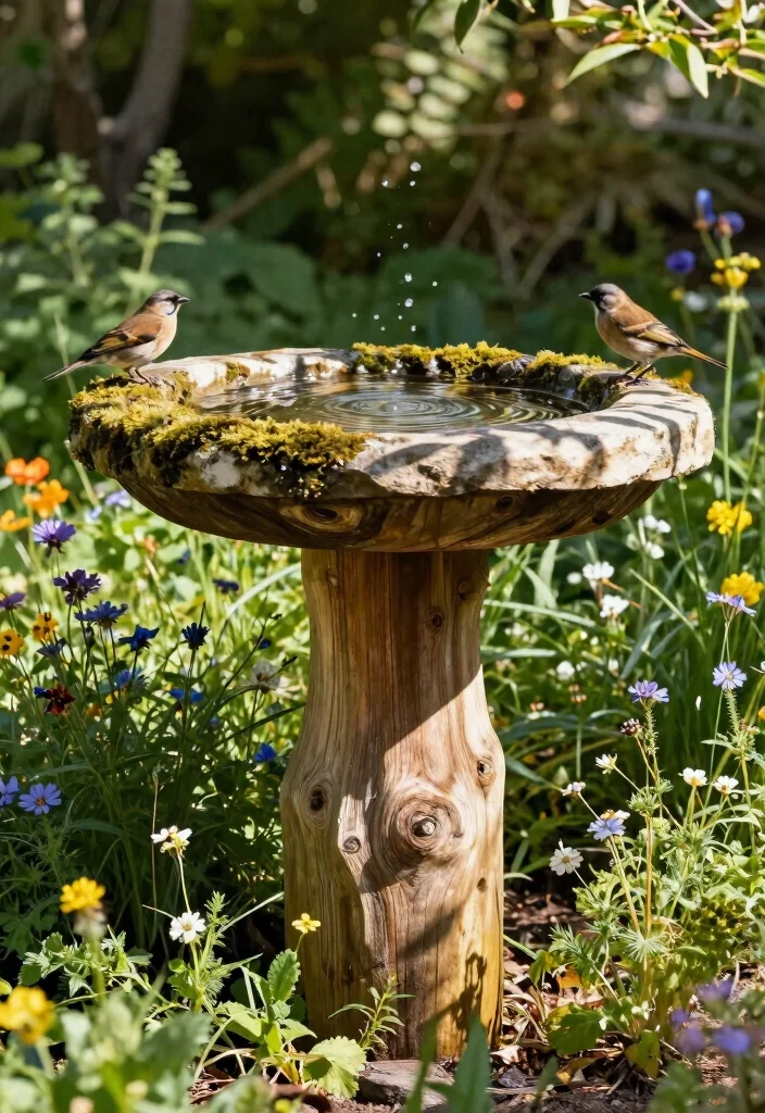 9 Artistic Mosaic Bird Bath Ideas to Brighten Your Yard 4. Rustic Wood and Stone Bird Bath 0