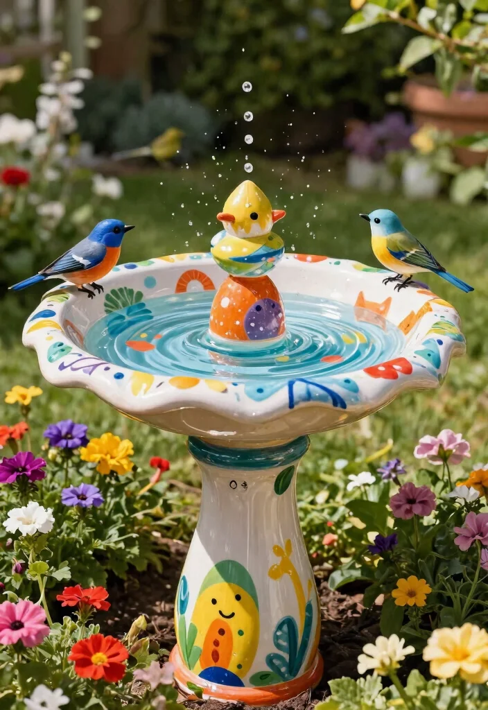 9 Artistic Mosaic Bird Bath Ideas to Brighten Your Yard 5. Whimsical Painted Bird Bath 0