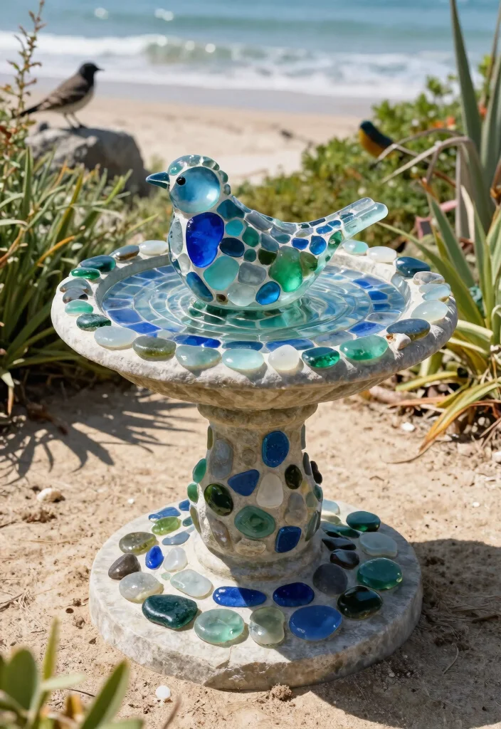9 Artistic Mosaic Bird Bath Ideas to Brighten Your Yard 6. Sea Glass Mosaic Bird Bath 0