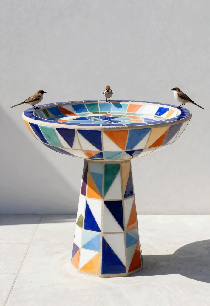9 Artistic Mosaic Bird Bath Ideas to Brighten Your Yard 8. Geometric Pattern Mosaic Bird Bath 0