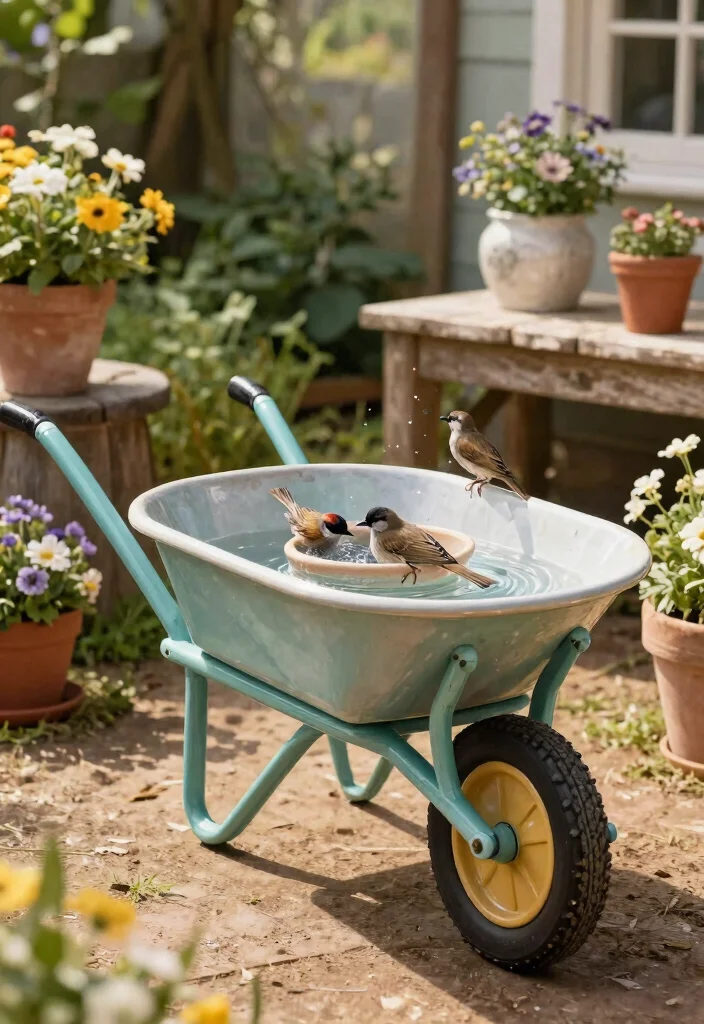 9 Artistic Mosaic Bird Bath Ideas to Brighten Your Yard 9. Upcycled Wheelbarrow Bird Bath 0