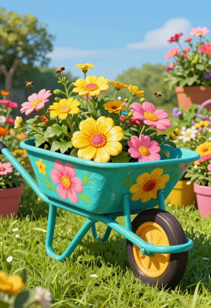 9 Artistic Wheelbarrow Art Ideas to Paint and Display 1. Flower Power Wheelbarrow 0