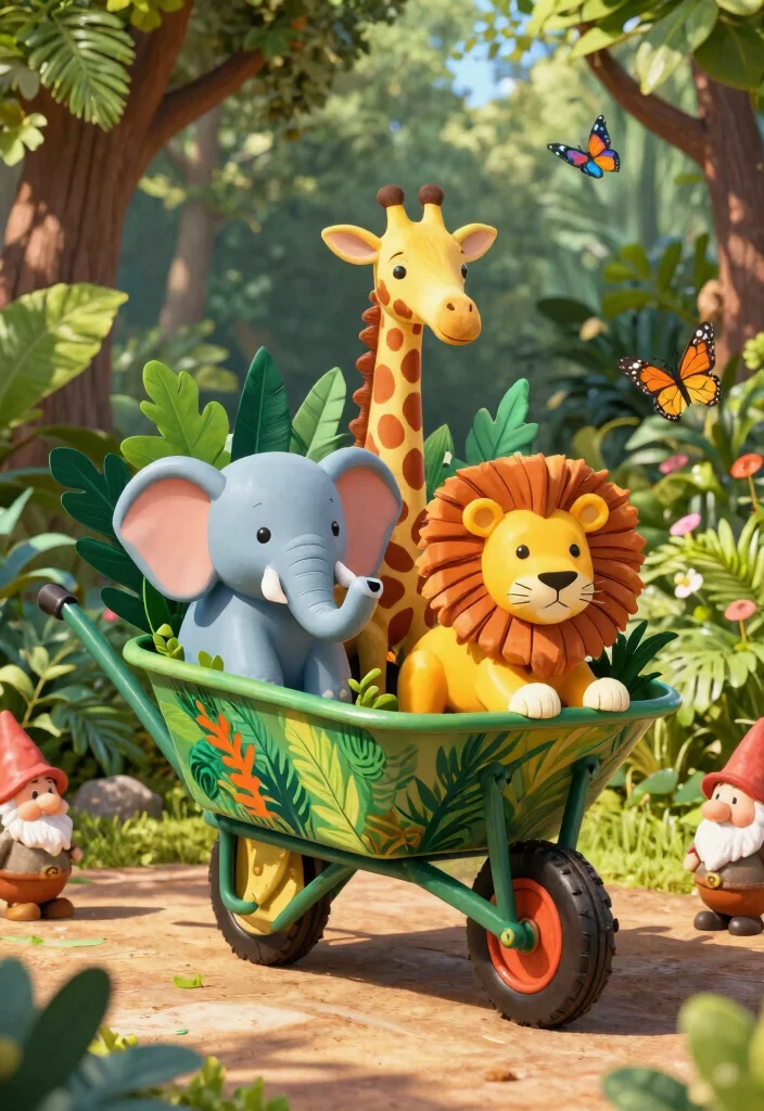 9 Artistic Wheelbarrow Art Ideas to Paint and Display 3. Whimsical Animal Safari 0