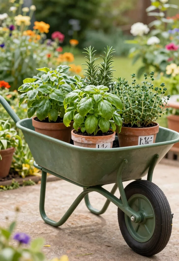 9 Artistic Wheelbarrow Art Ideas to Paint and Display 5. Rustic Herb Garden 0