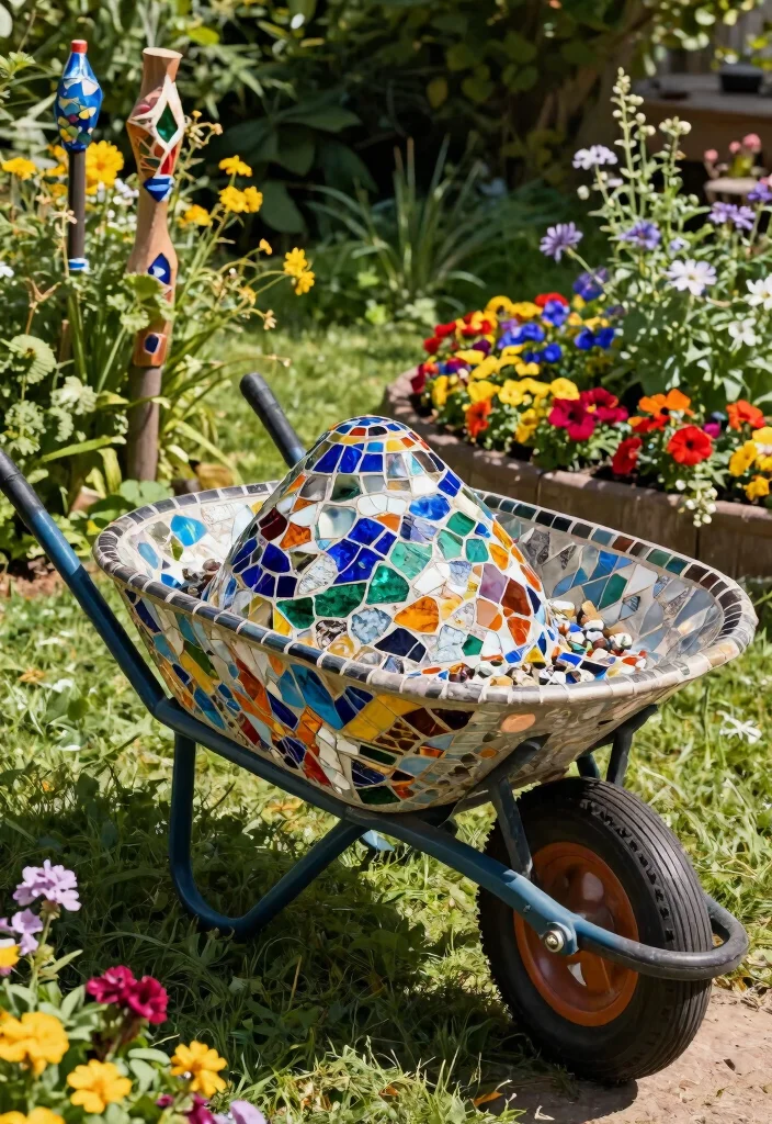 9 Artistic Wheelbarrow Art Ideas to Paint and Display 6. Artistic Mosaic Wheelbarrow 0