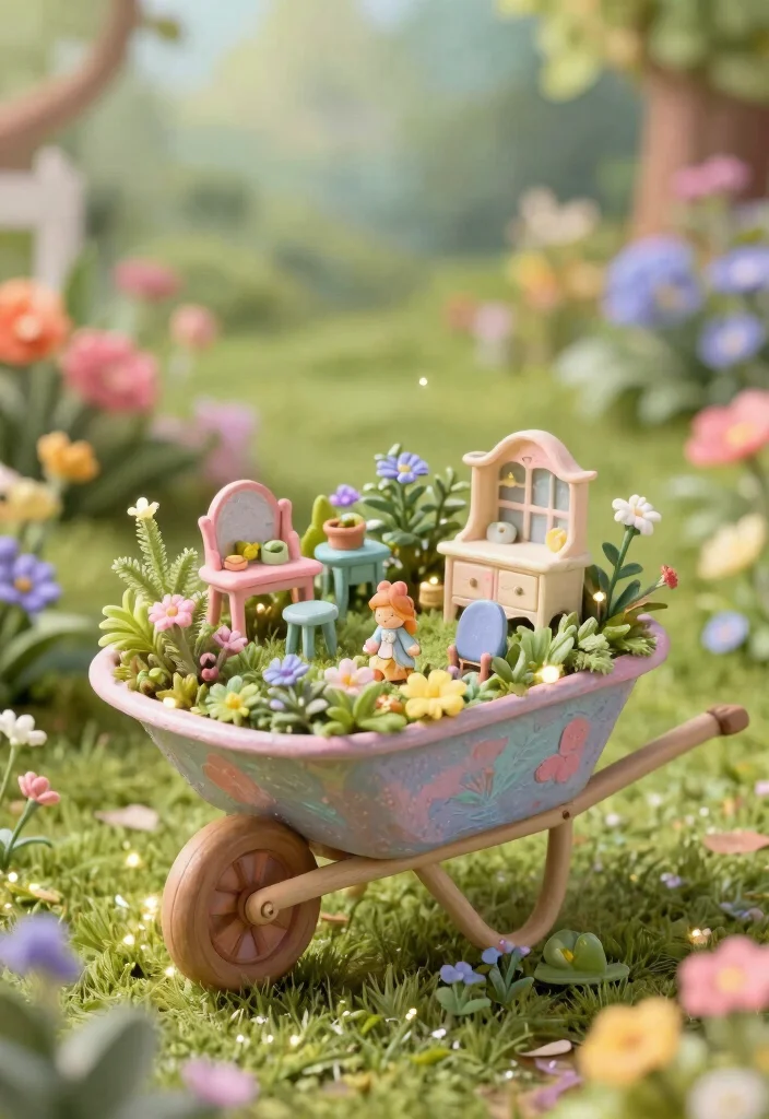 9 Artistic Wheelbarrow Art Ideas to Paint and Display 7. Fairy Garden Haven 0