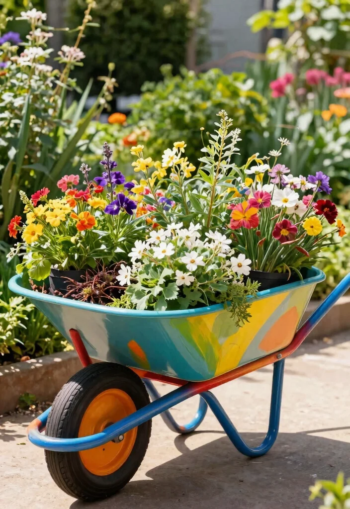 9 Artistic Wheelbarrow Art Ideas to Paint and Display 9. Upcycled Wheelbarrow Planter 0