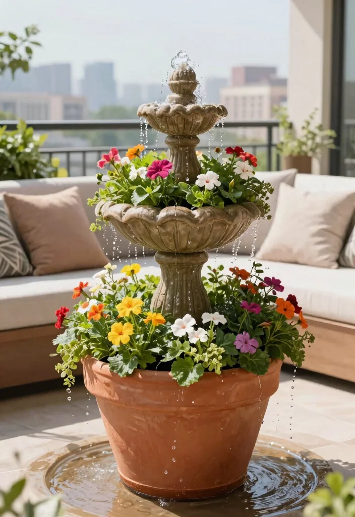 9 Compact Balcony Water Fountain Ideas for Apartments 4. Pot Fountain Combo 0