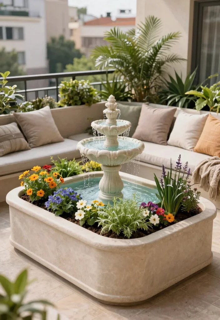 9 Compact Balcony Water Fountain Ideas for Apartments 7. Fountain with Planter Box 0