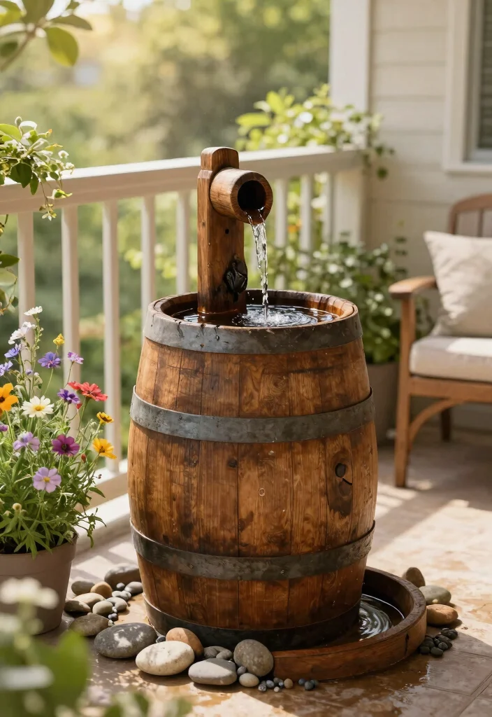 9 Compact Balcony Water Fountain Ideas for Apartments 8. Rustic Barrel Fountain 0