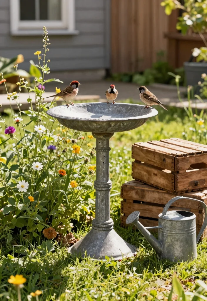 9 Elegant Metal Bird Bath Ideas Vintage Garden Style 2. Rustic Farmhouse Charm 0
