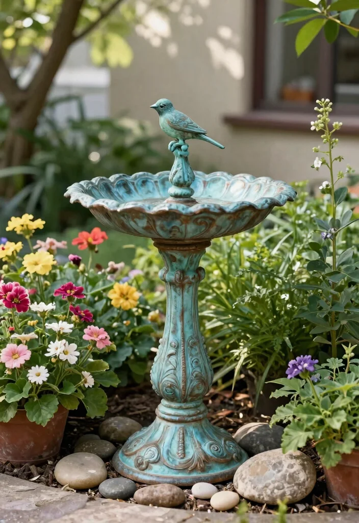 9 Elegant Metal Bird Bath Ideas Vintage Garden Style 6. Vintage Patina Finish 0
