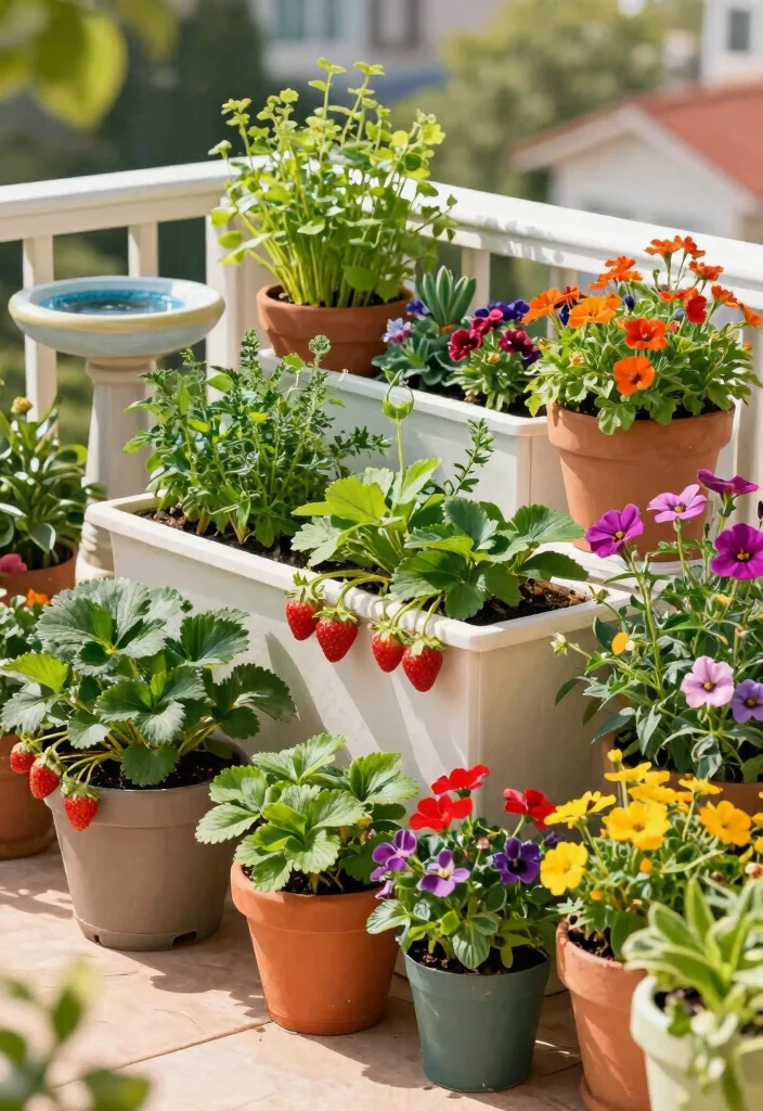 9 Perfect Bird Bath and Feeder Garden Ideas to Attract Birds 5. Container Garden with Edible Plants 0