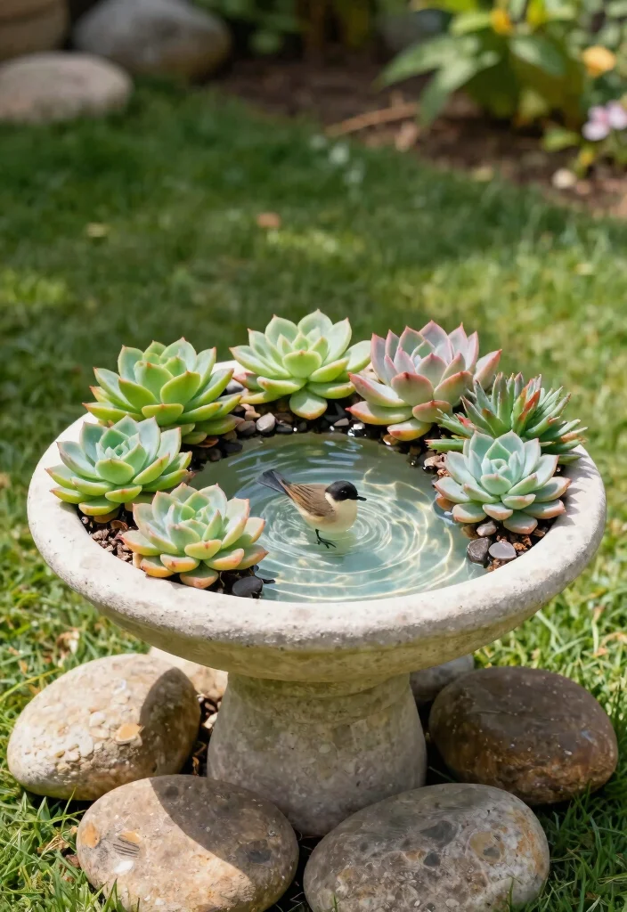 9 Perfect Bird Bath and Feeder Garden Ideas to Attract Birds 7. Succulent Bird Bath Planter 0