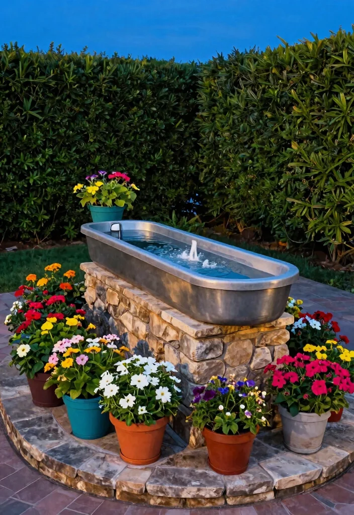 9 Rustic Water Trough Fountain Ideas for Country Gardens 2. Elevated Trough Fountain with Edging 0