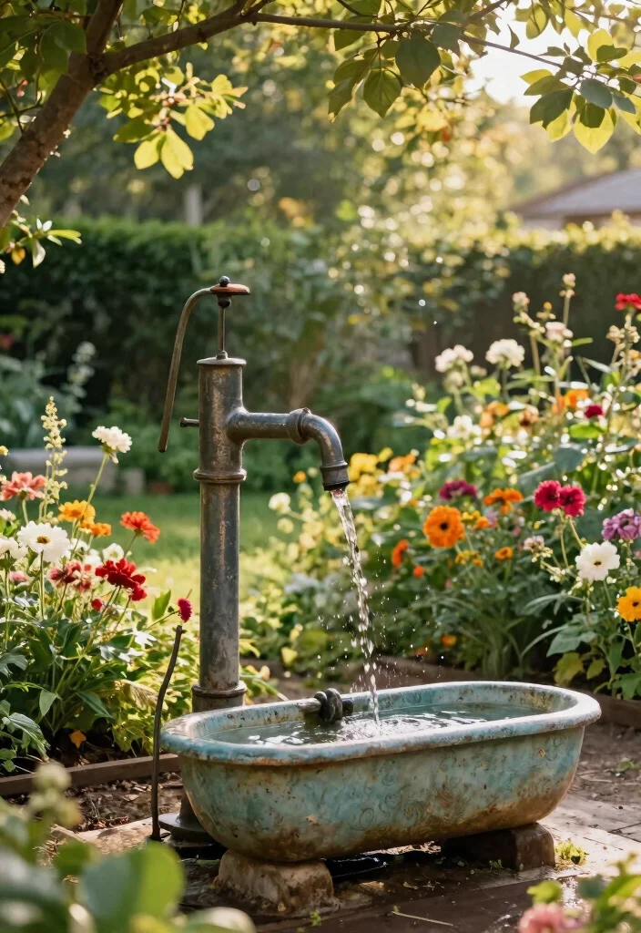 9 Rustic Water Trough Fountain Ideas for Country Gardens 7. Old Fashioned Pump Trough Fountain 0