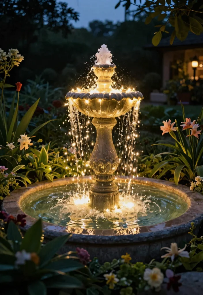 9 Rustic Water Trough Fountain Ideas for Country Gardens 8. Decorative Trough with Lighting 0
