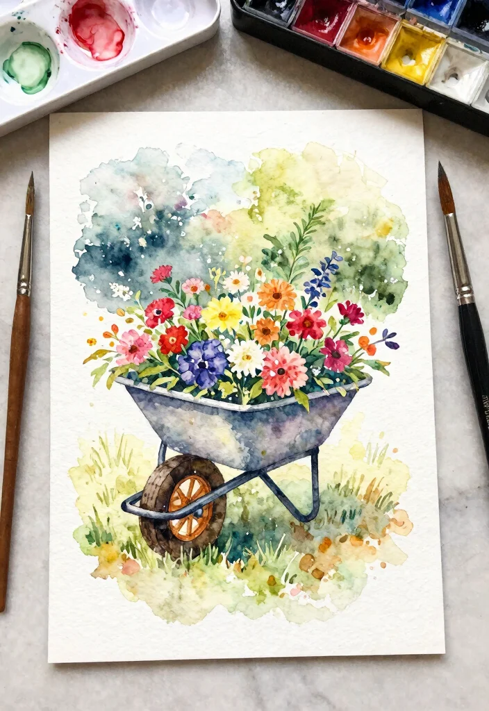 9 Sweet Wheelbarrow Card Ideas for Handmade Crafts 2. Watercolor Wheelbarrow Card 0