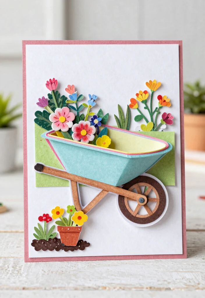 9 Sweet Wheelbarrow Card Ideas for Handmade Crafts 5. Layered Paper Wheelbarrow Card 0